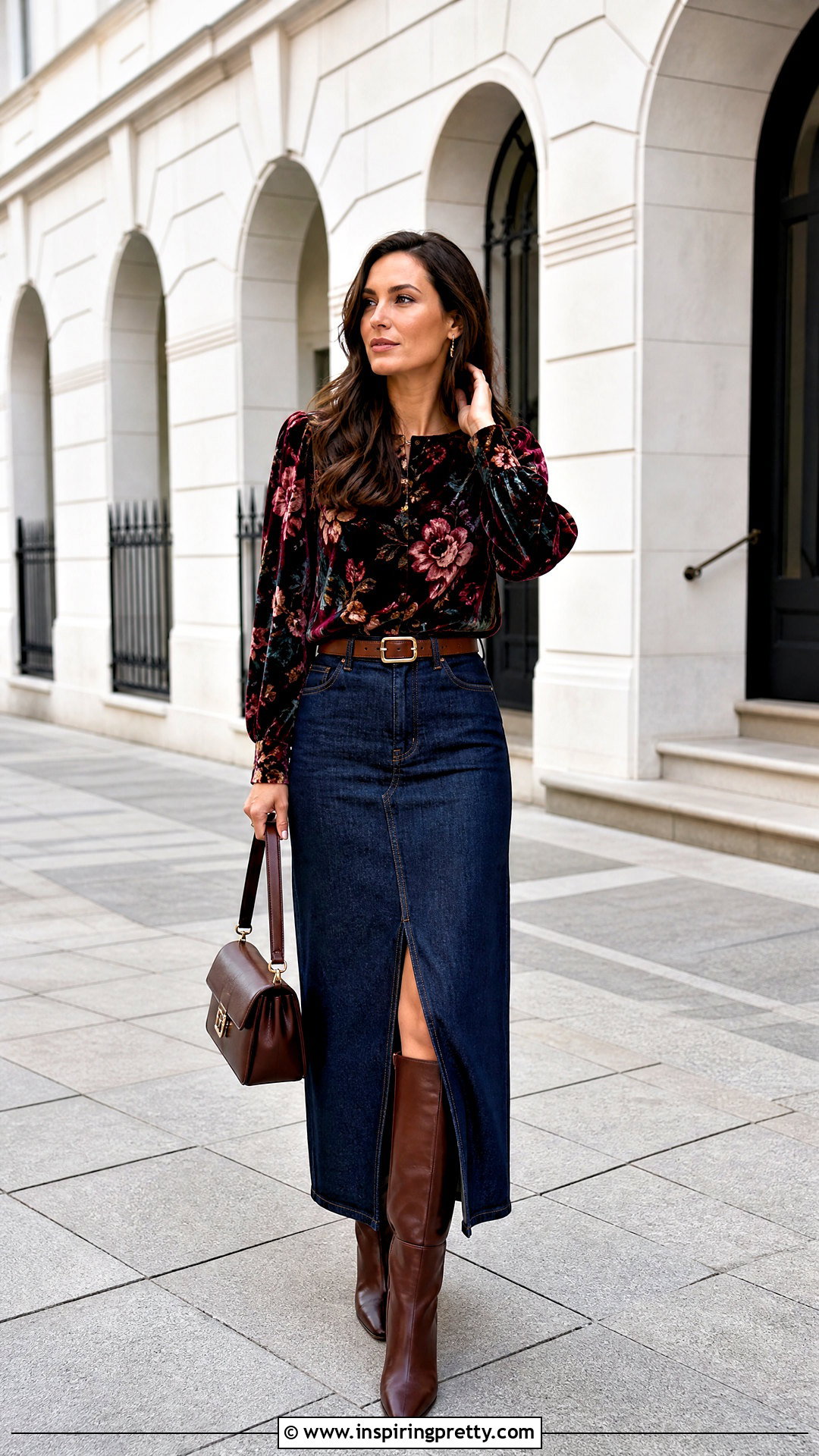Velvet Floral Top With Dark Denim Maxi Skirt - 25 velvet floral top outfit ideas