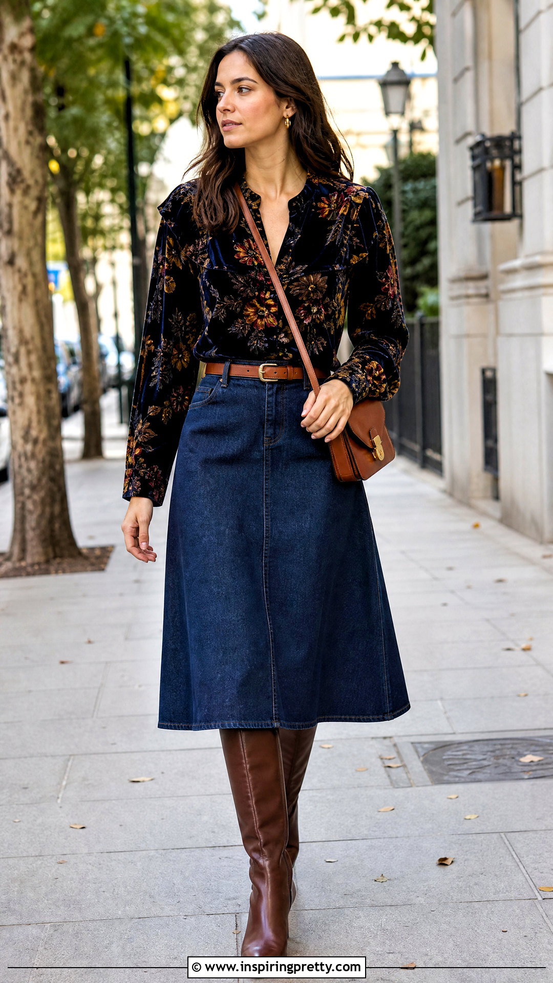 Velvet Floral Top With Denim Midi Skirt - 25 velvet floral top outfit ideas