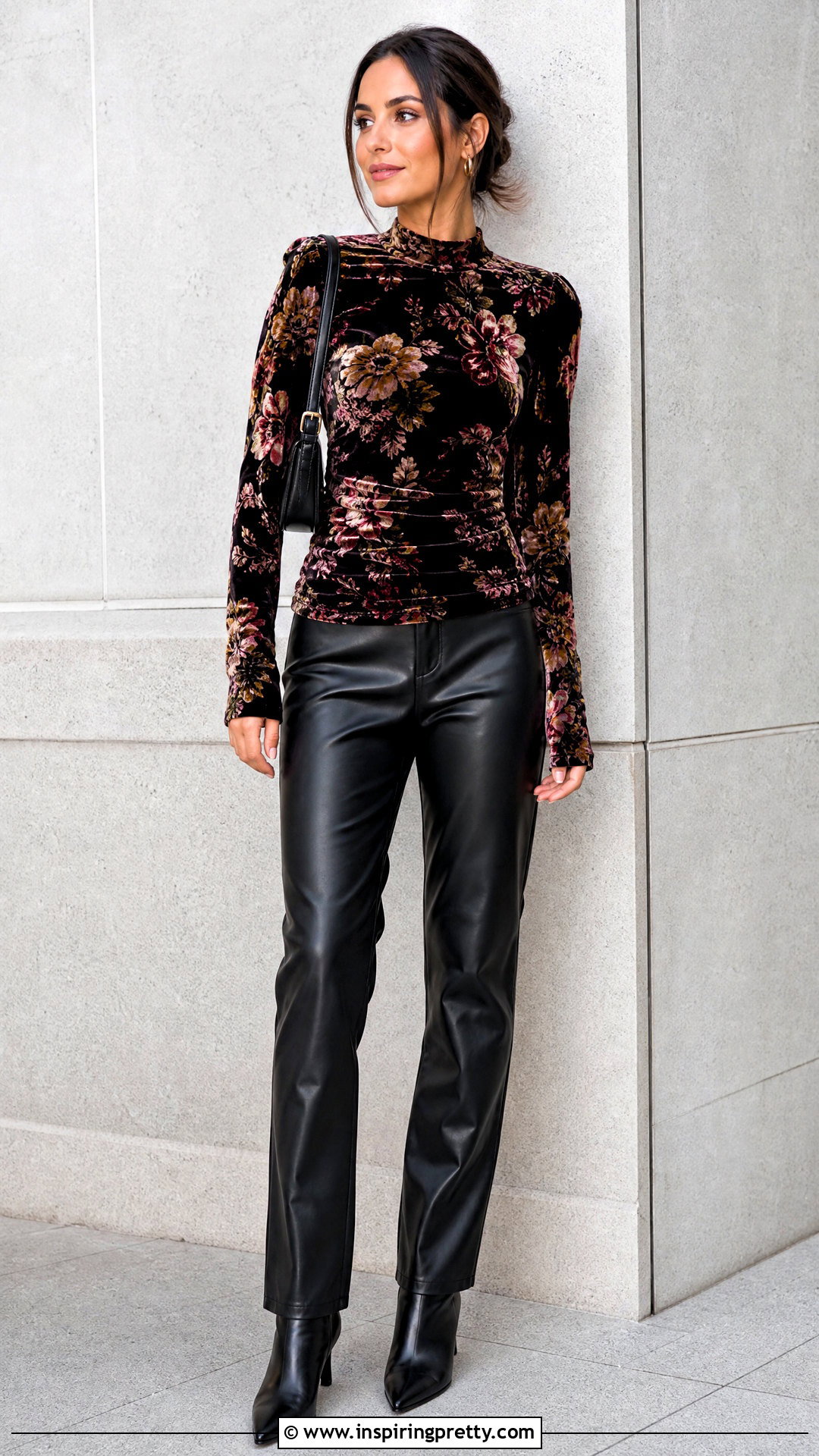 Velvet Floral Top With Faux Leather Pants - 25 velvet floral top outfit ideas