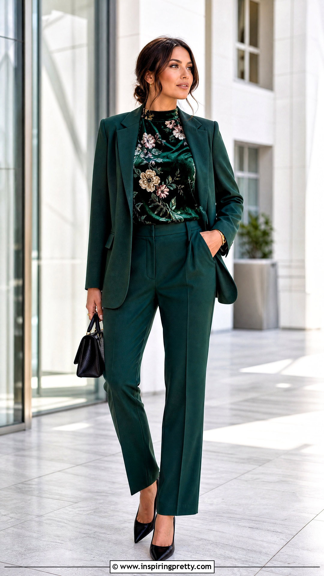 Velvet Floral Top With Monochrome Suit - 25 velvet floral top outfit ideas