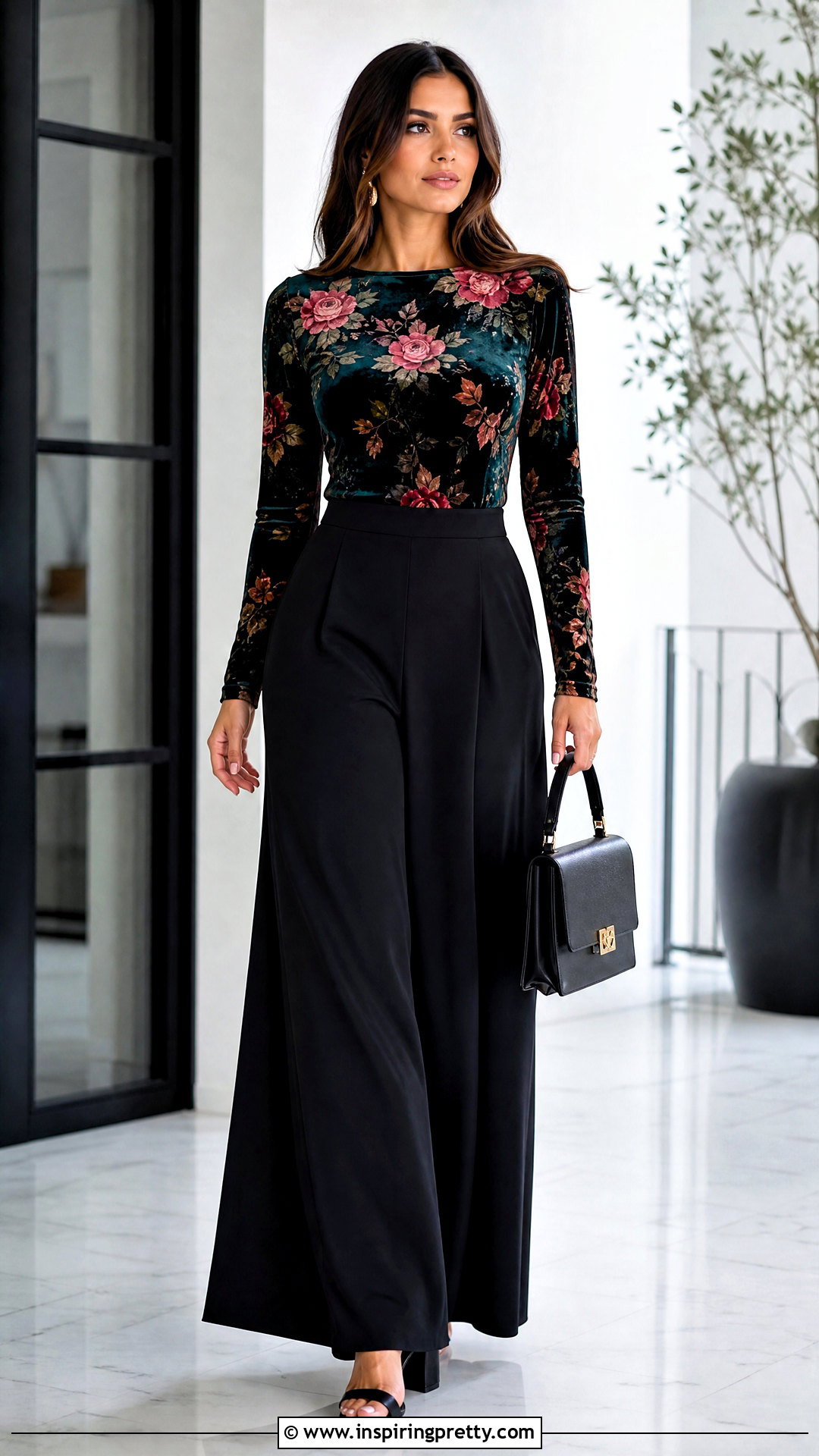 Velvet Floral Top With Palazzo Pants - 25 velvet floral top outfit ideas