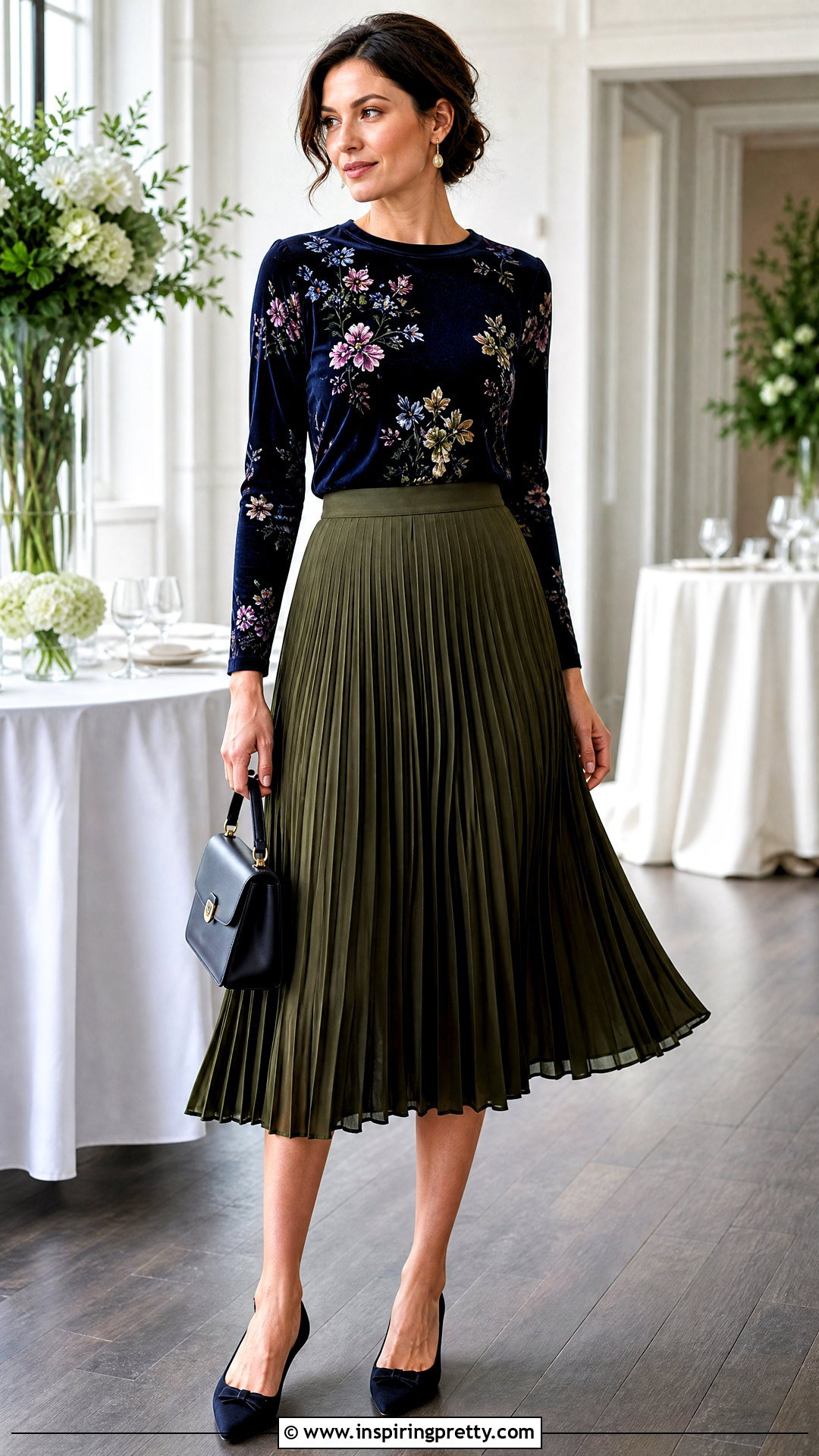 Velvet Floral Top With Pleated Midi Skirt - 25 velvet floral top outfit ideas
