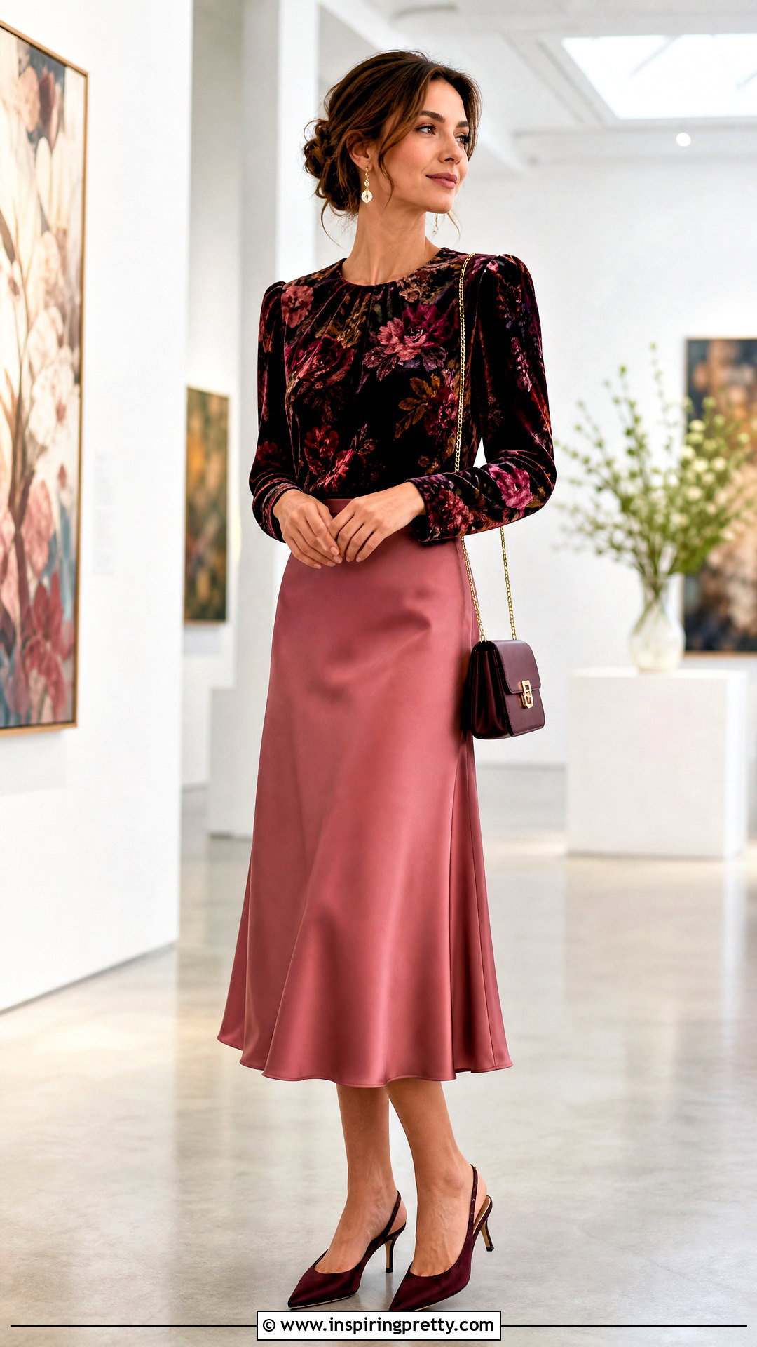 Velvet Floral Top With Satin Midi Skirt - 25 velvet floral top outfit ideas
