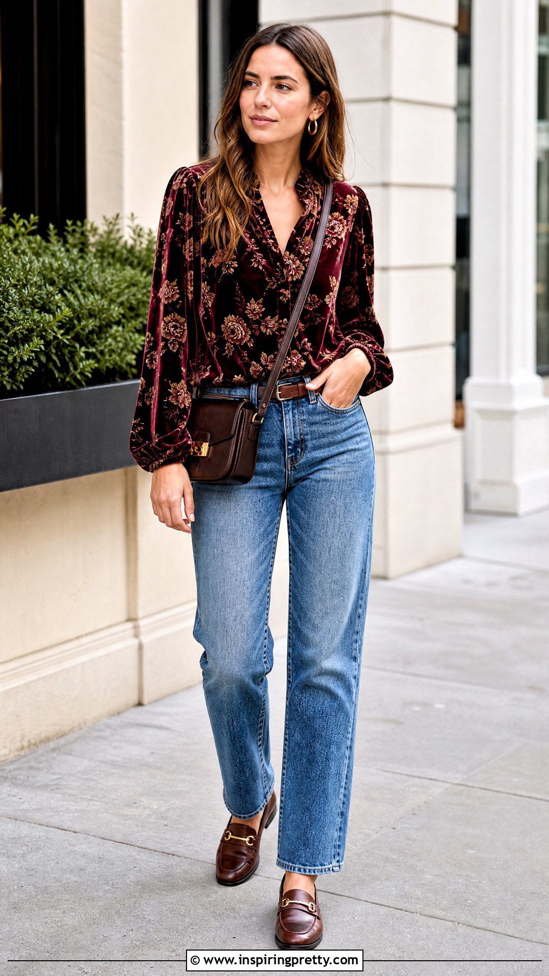 Velvet Floral Top With Straight Leg Jeans - 25 velvet floral top outfit ideas