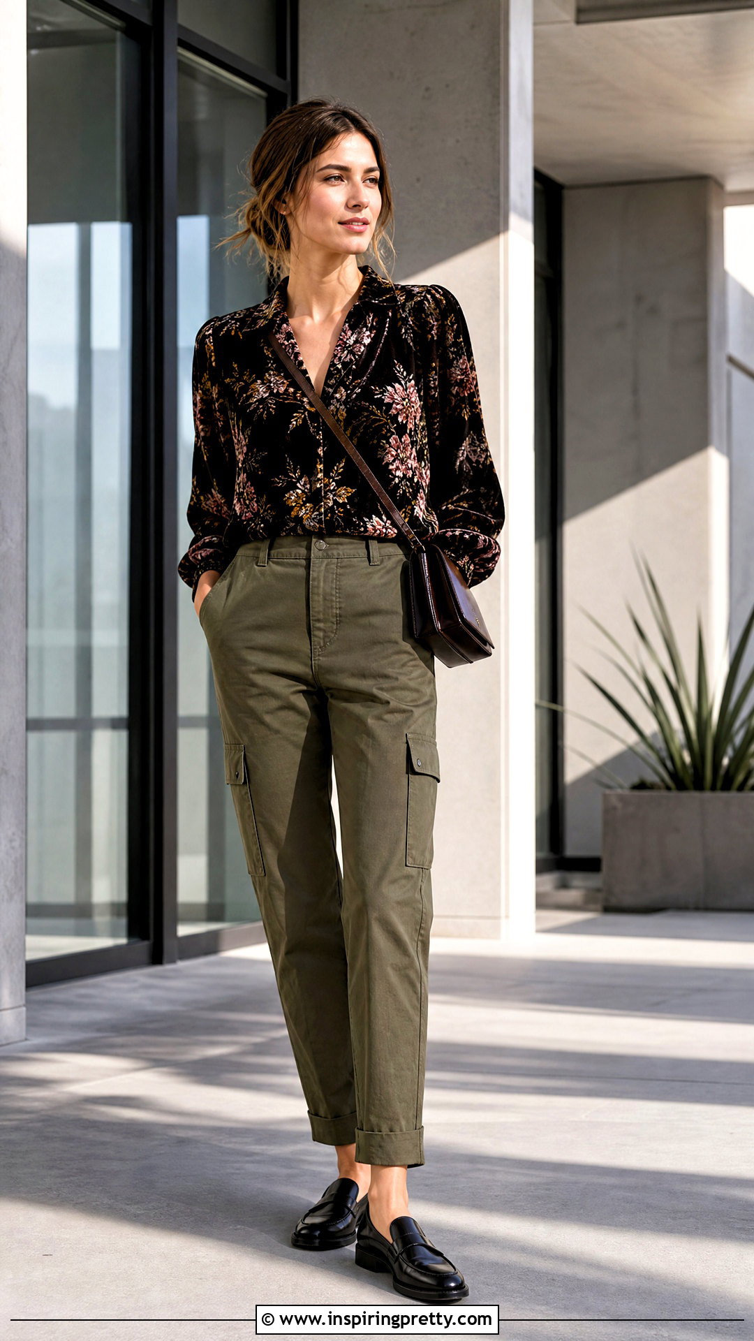 Velvet Floral Top With Tailored Cargo Pants - 25 velvet floral top outfit ideas