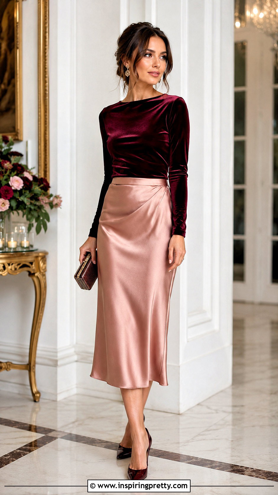 Velvet Formal Top With Satin Midi Skirt - 50 formal tops outfit ideas