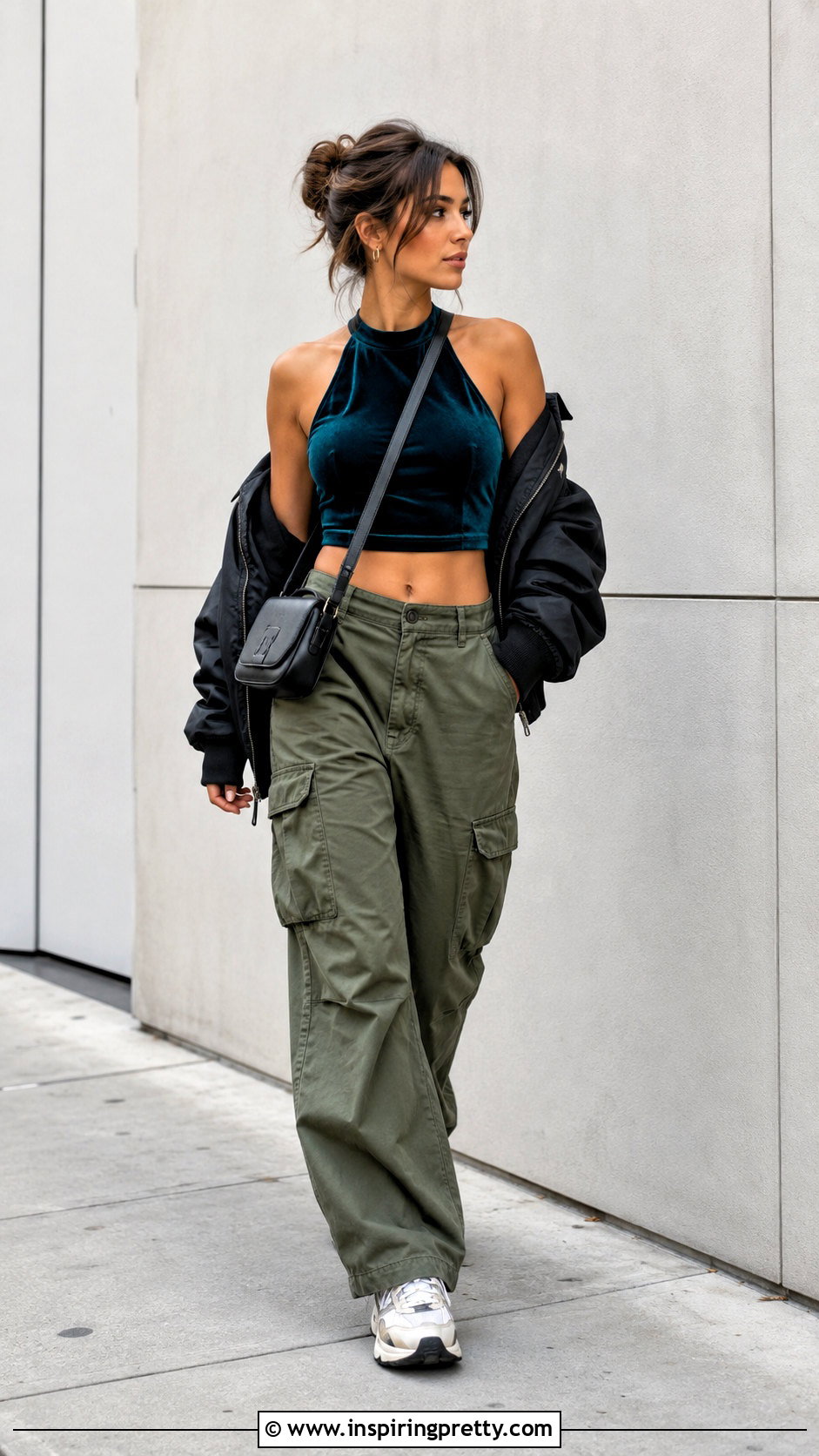 Velvet Halter Crop Top With Cargo Pants - 20 velvet crop top fall fashion ideas