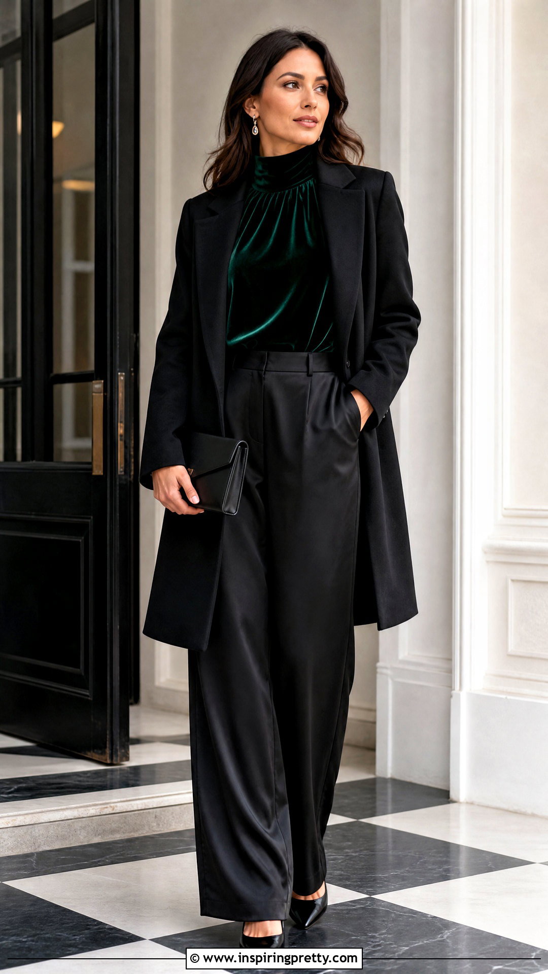 Velvet High Neck Top With Satin Pants - 50 high neck top outfit ideas