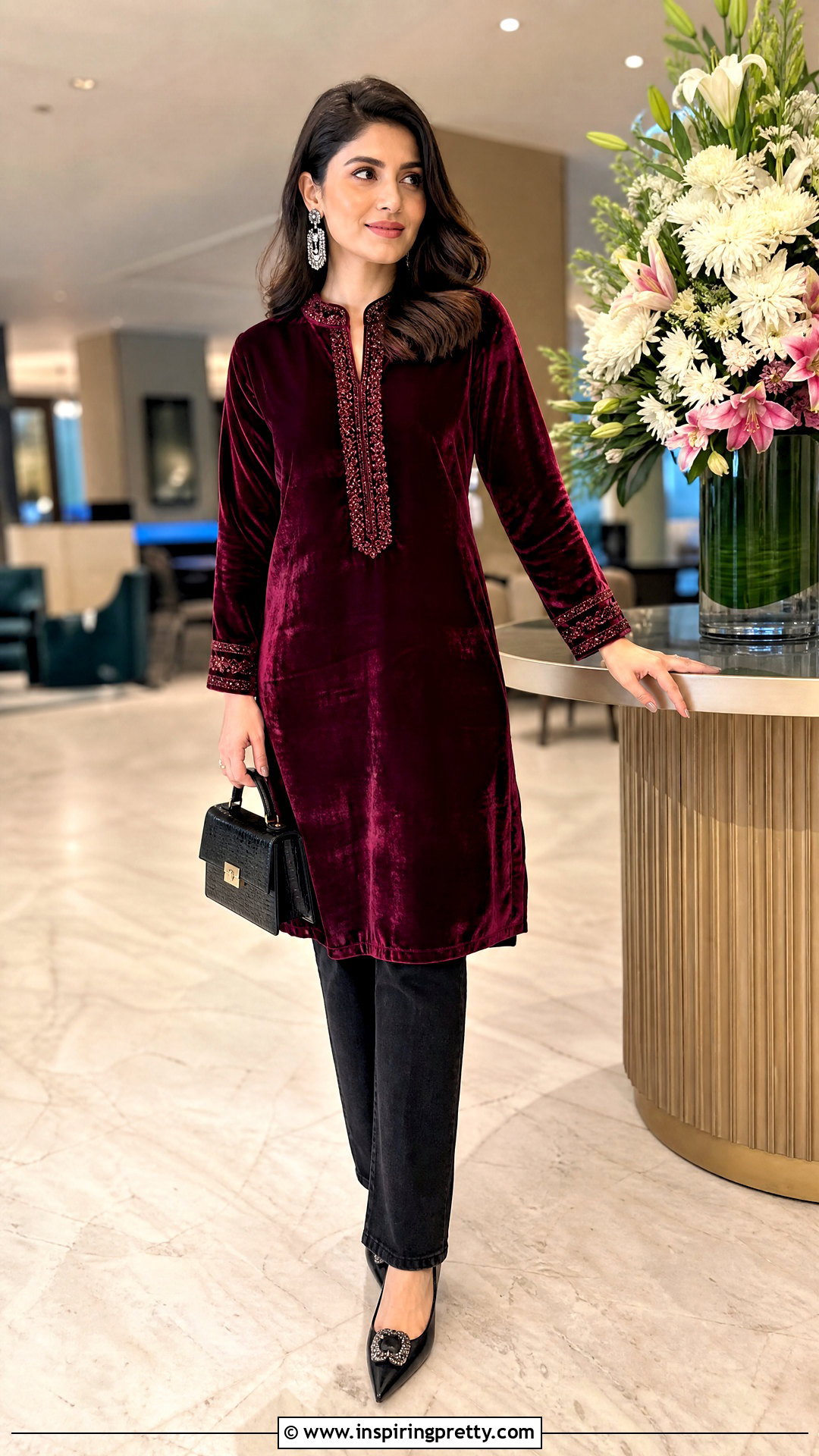 Velvet Kurti With Black Jeans - 50 kurti tops for jeans