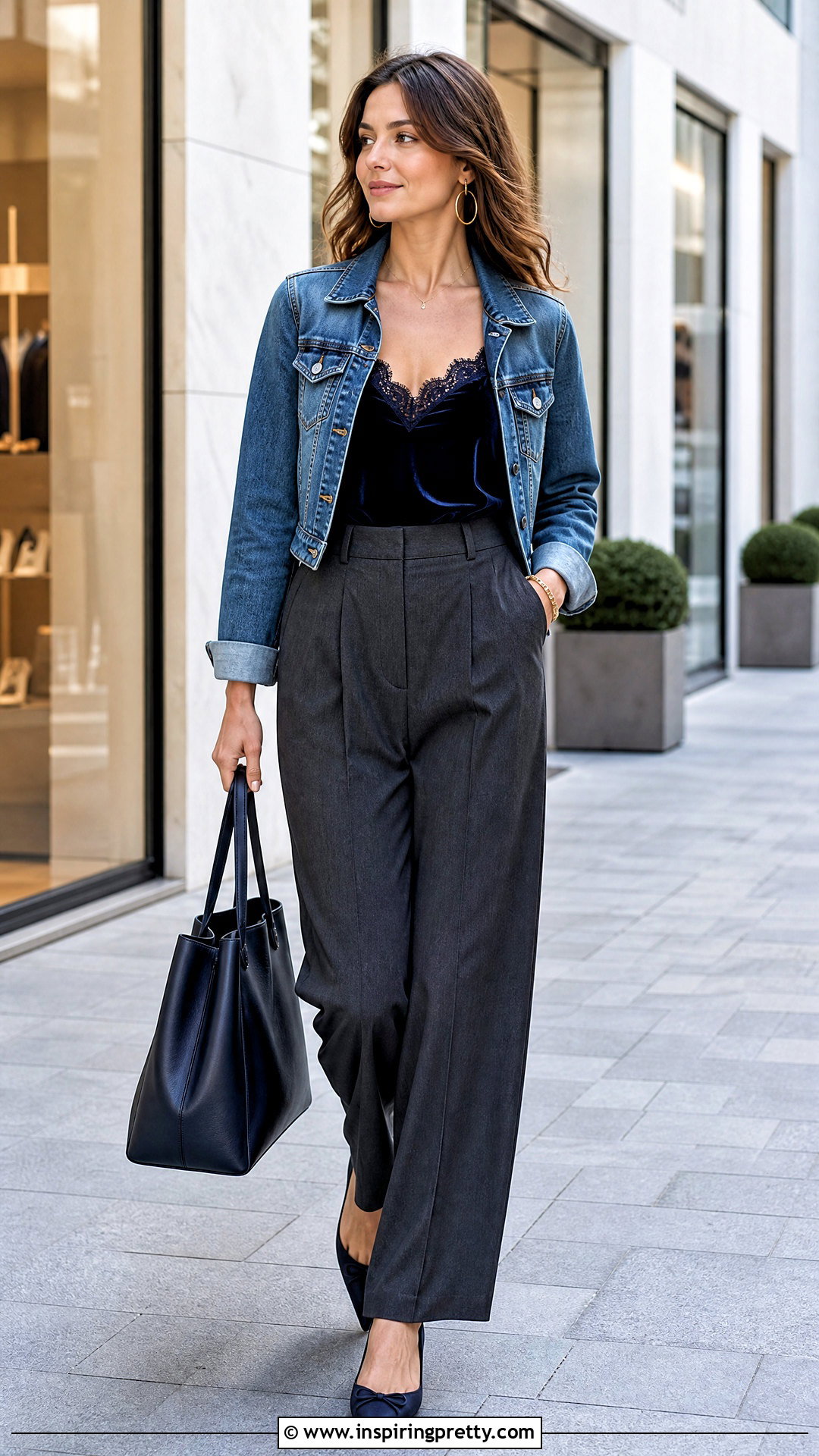 Velvet Lace Camisole Top With Denim Jacket And Trousers - 20 velvet lace camisole top outfit ideas