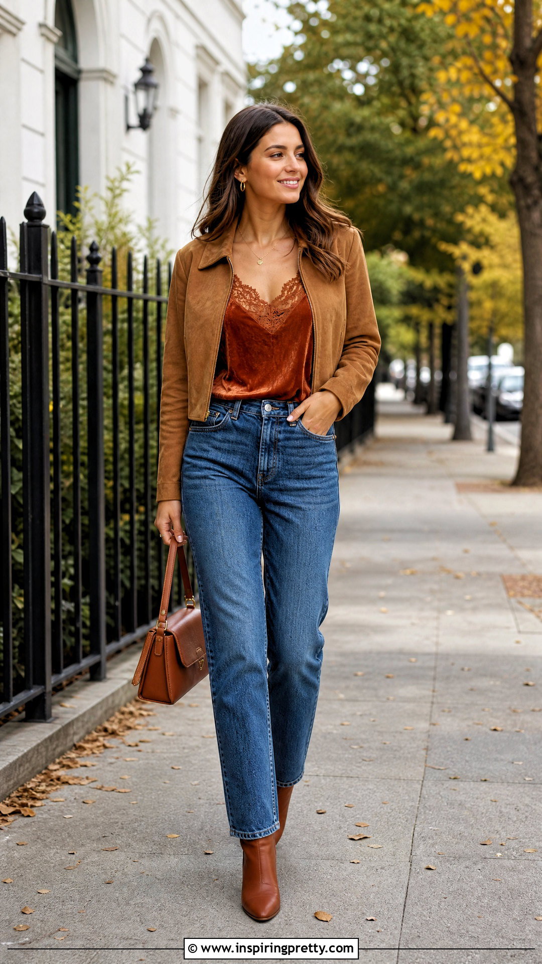 Velvet Lace Camisole Top With Suede Jacket And Jeans - 20 velvet lace camisole top outfit ideas