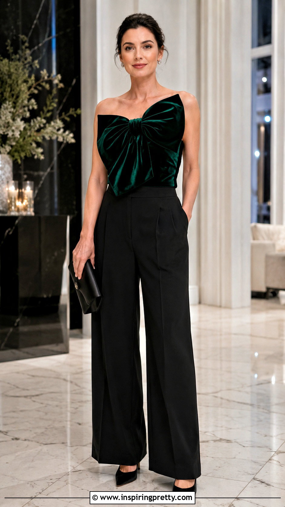 Velvet Large Bow Top With Tailored Pants - 25 Large Bow Top outfit ideas