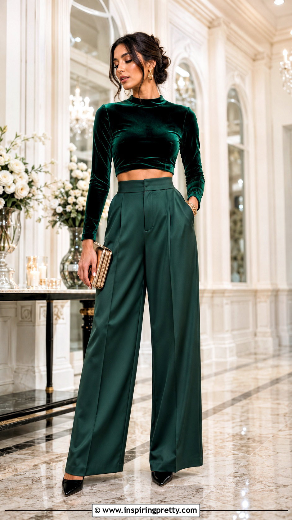 Velvet Long Sleeve Crop Top With Satin Pants - 50 Long Sleeve Crop Top Outfits