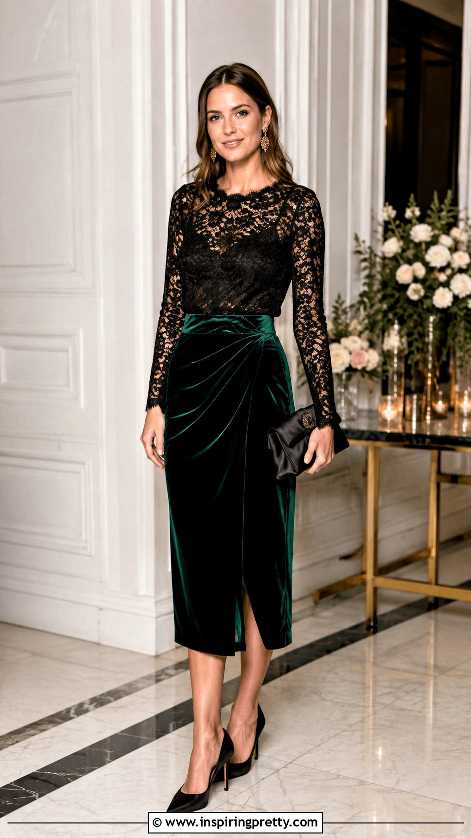 Velvet Midi Skirt And Lace Blouse Party Outfit - 50 skirt and top party wear outfits