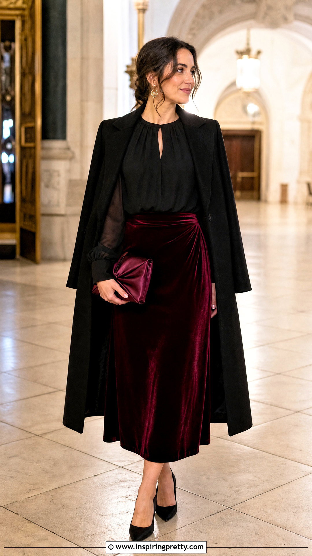 Velvet Midi Skirt And Sheer Sleeve Blouse - 50 wedding guest skirt and top outfit ideas