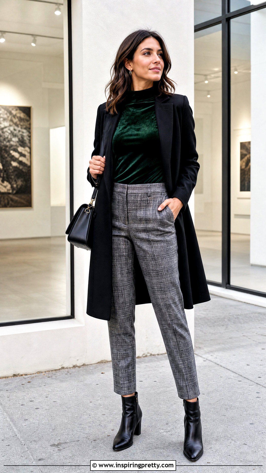 Velvet Mock Neck Top With Plaid Trousers - 20 velvet top fashion ideas
