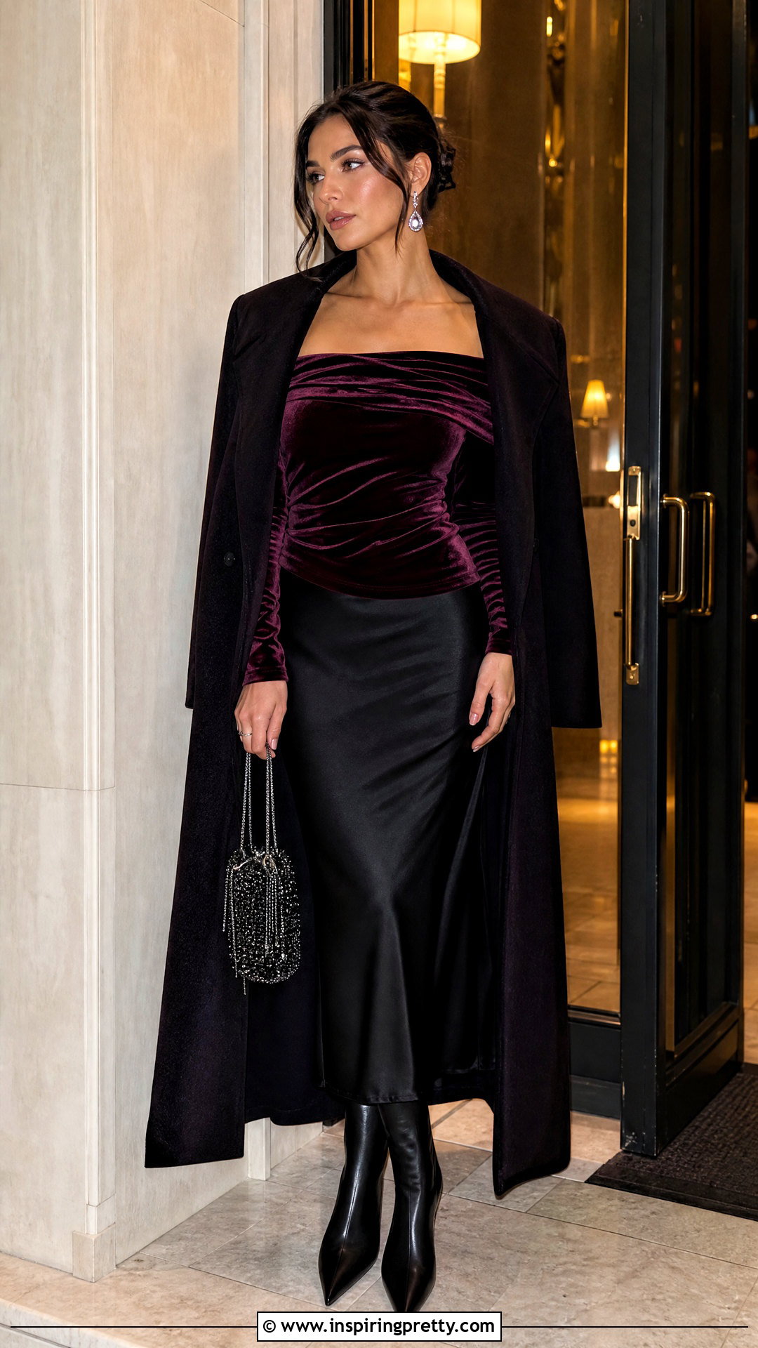 Velvet Off Shoulder Club Top With Satin Skirt - 50 club tops outfit ideas