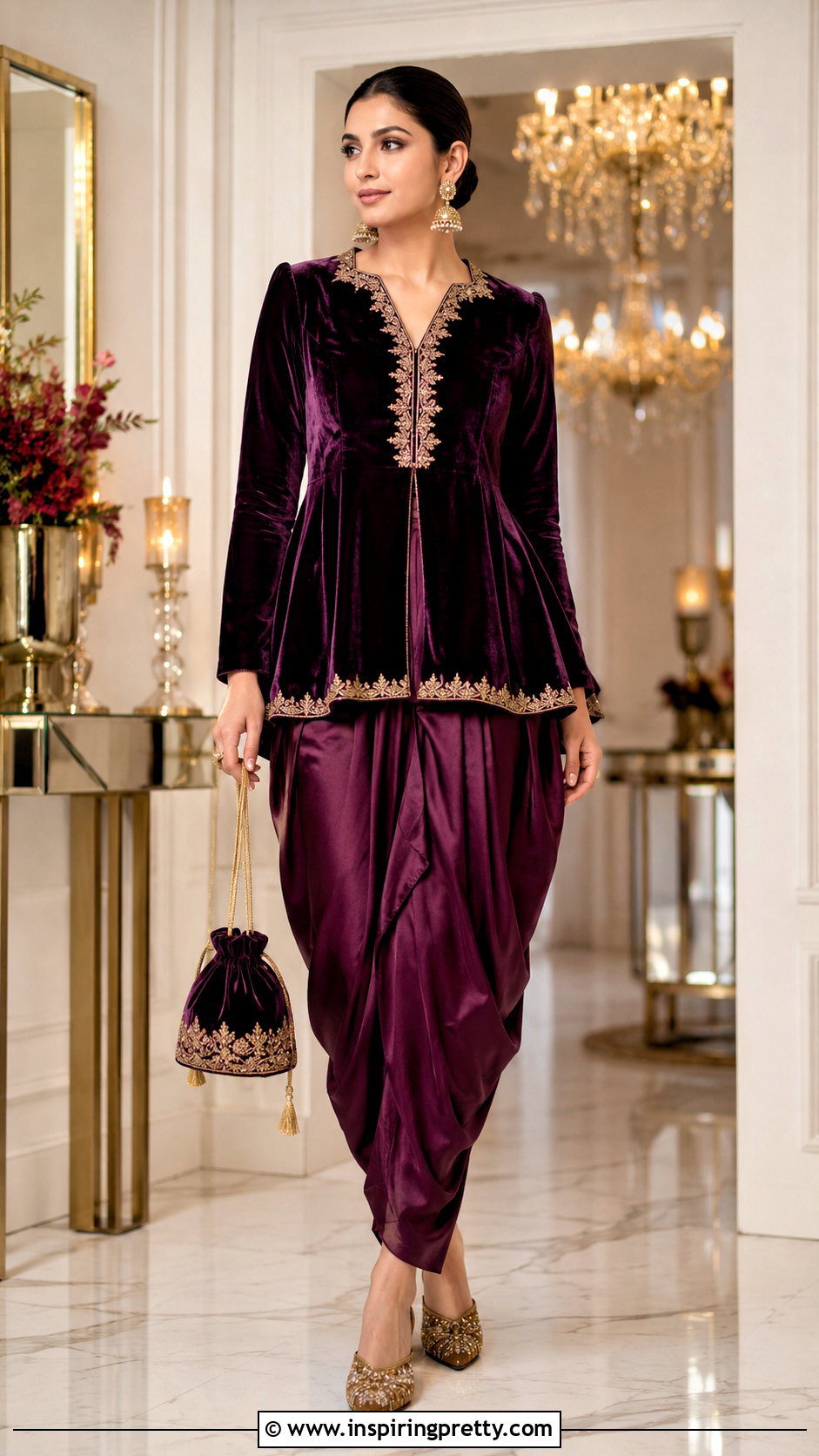 Velvet Peplum Indo Western Top With Dhoti Pants - 50 Indo Western Tops outfit ideas