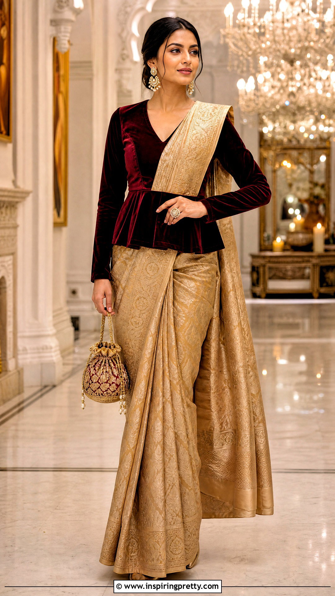 Velvet Peplum Top With Banarasi Saree - 20 peplum top with saree outfit ideas