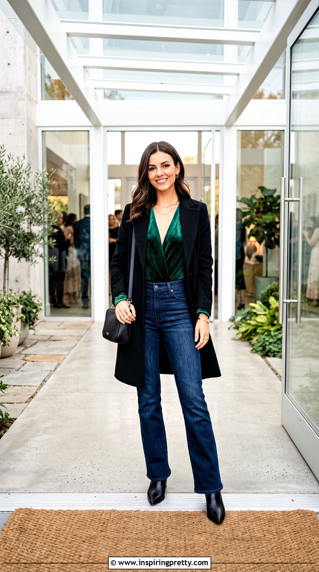 Velvet Plunge Top With Dark Wash Jeans - 25 cute cleavage tops outfit ideas