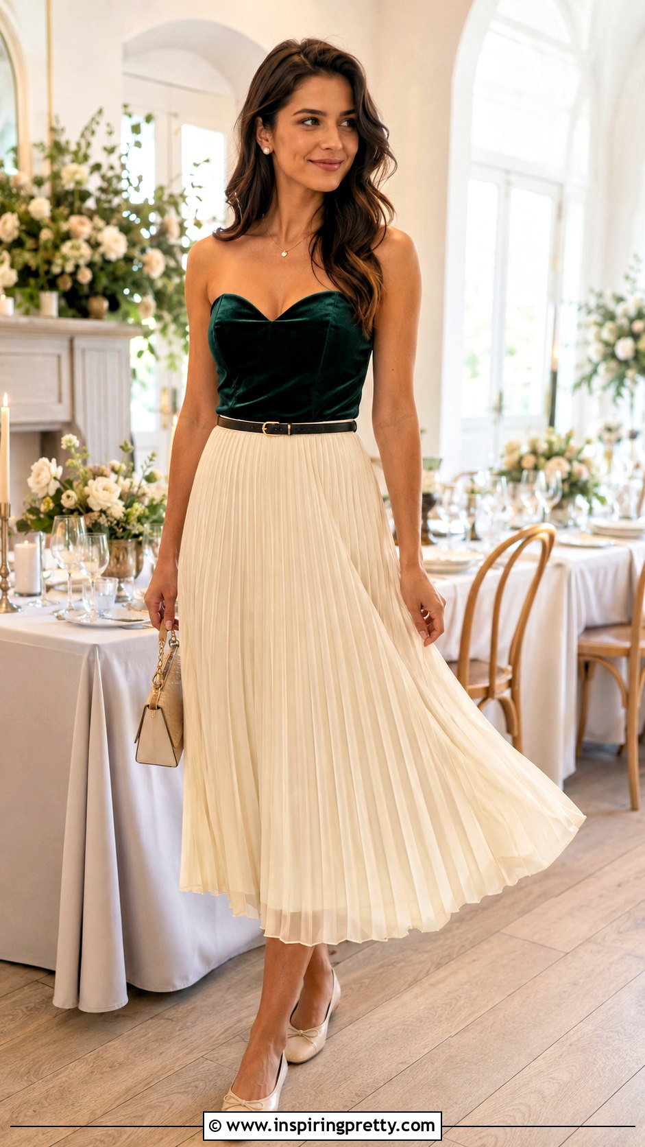 Velvet Sweetheart Top With Pleated Midi Skirt - 20 velvet sweetheart top outfit ideas