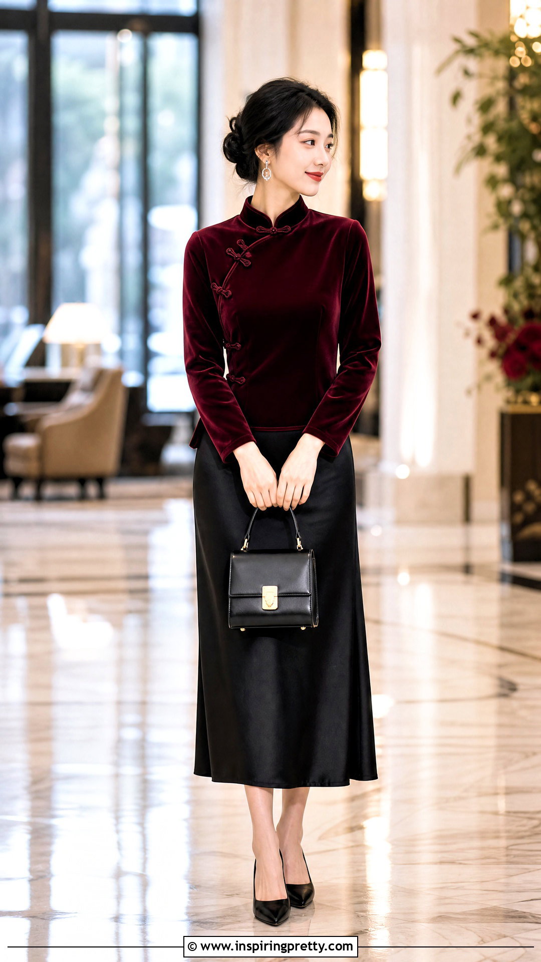 Velvet Tang Top With Satin Skirt - 50 chinese top outfit ideas