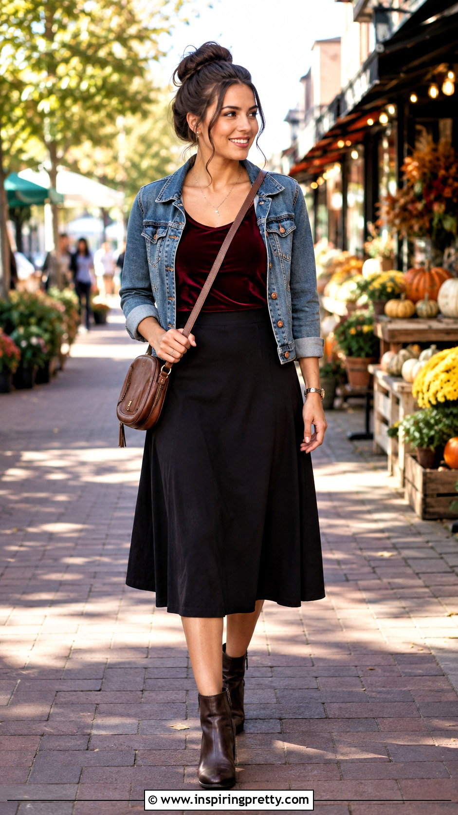 Velvet Top With Denim Jacket And Midi Skirt - 50 velvet tops outfit ideas