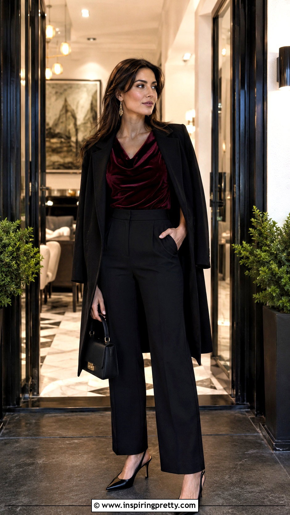 Velvet Top With Dinner Trousers And Slingback Heels - 50 velvet tops outfit ideas