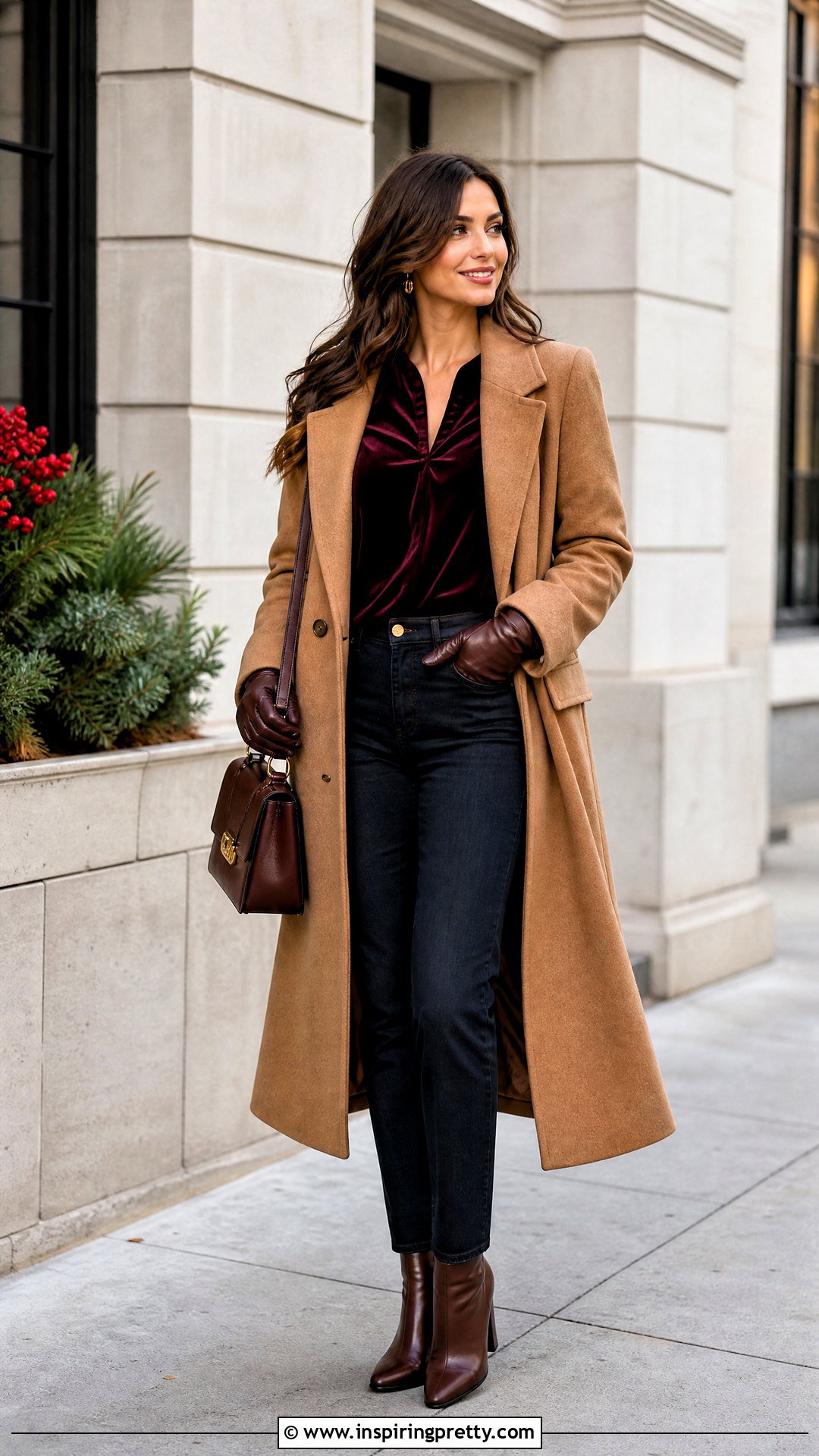 Velvet Top With Long Coat And Dark Jeans - what to wear with a velvet top (25 ways)
