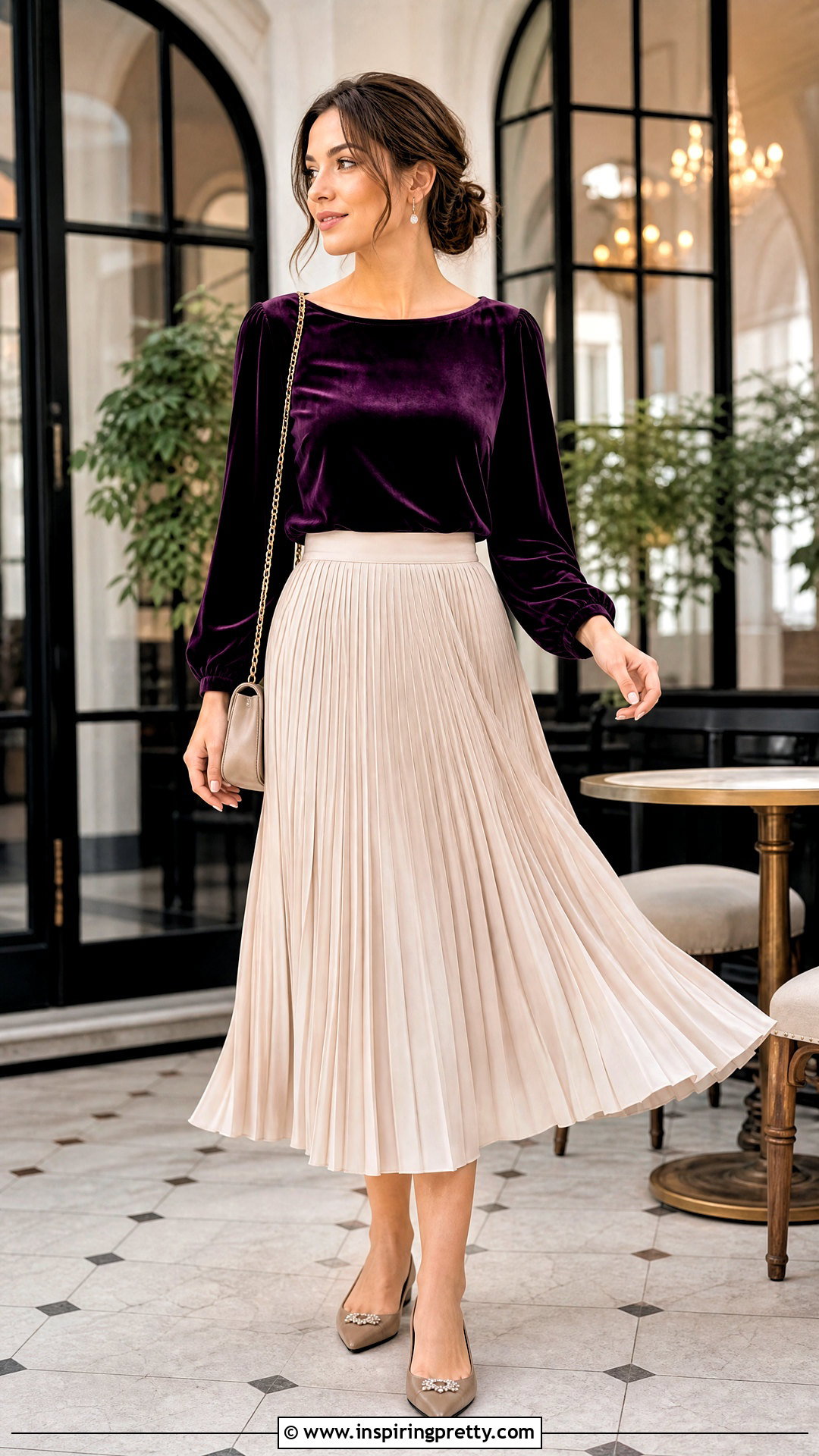 Velvet Top With Pleated Midi Skirt - what to wear with a velvet top (25 ways)