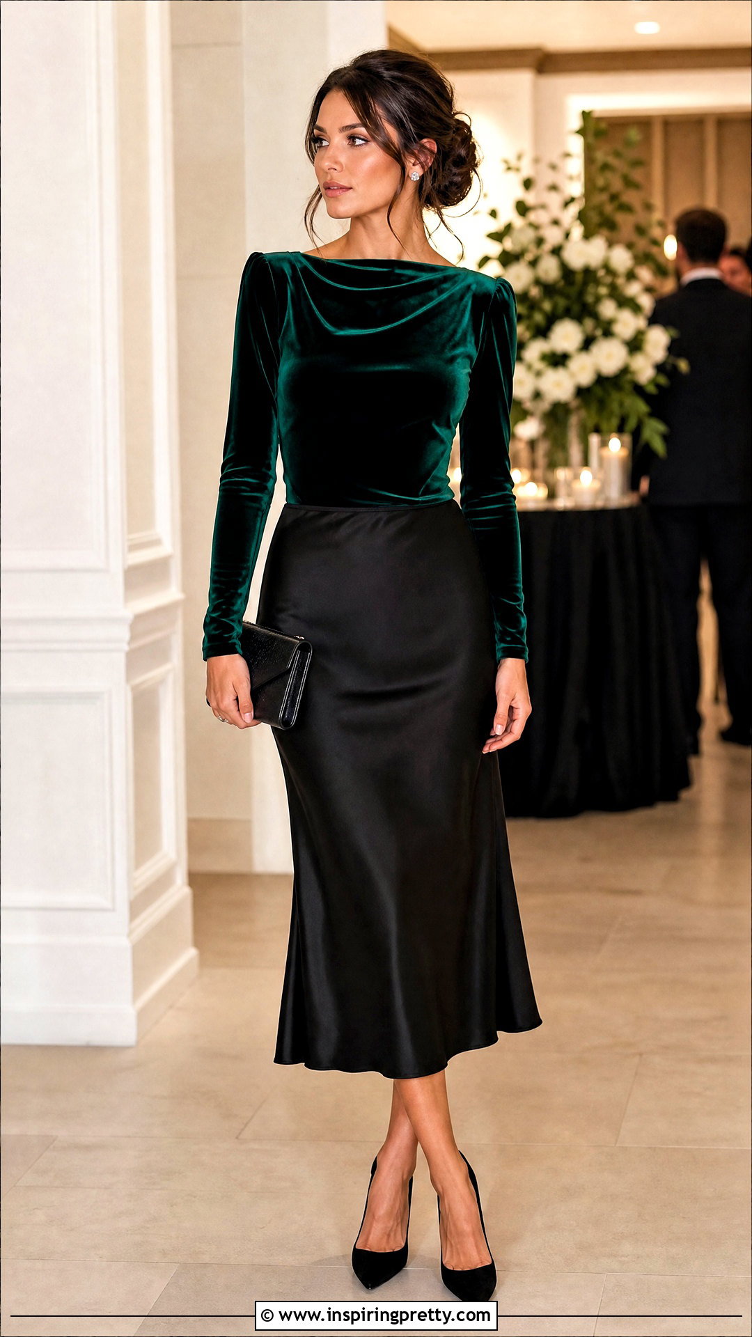 Velvet Top With Satin Midi Skirt - 50 elegant tops outfit ideas