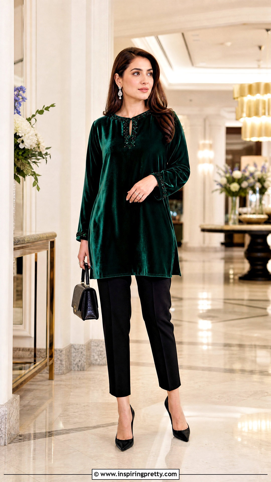 Velvet Tunic Top With Tailored Trousers - 20 boutique tunic tops outfit ideas