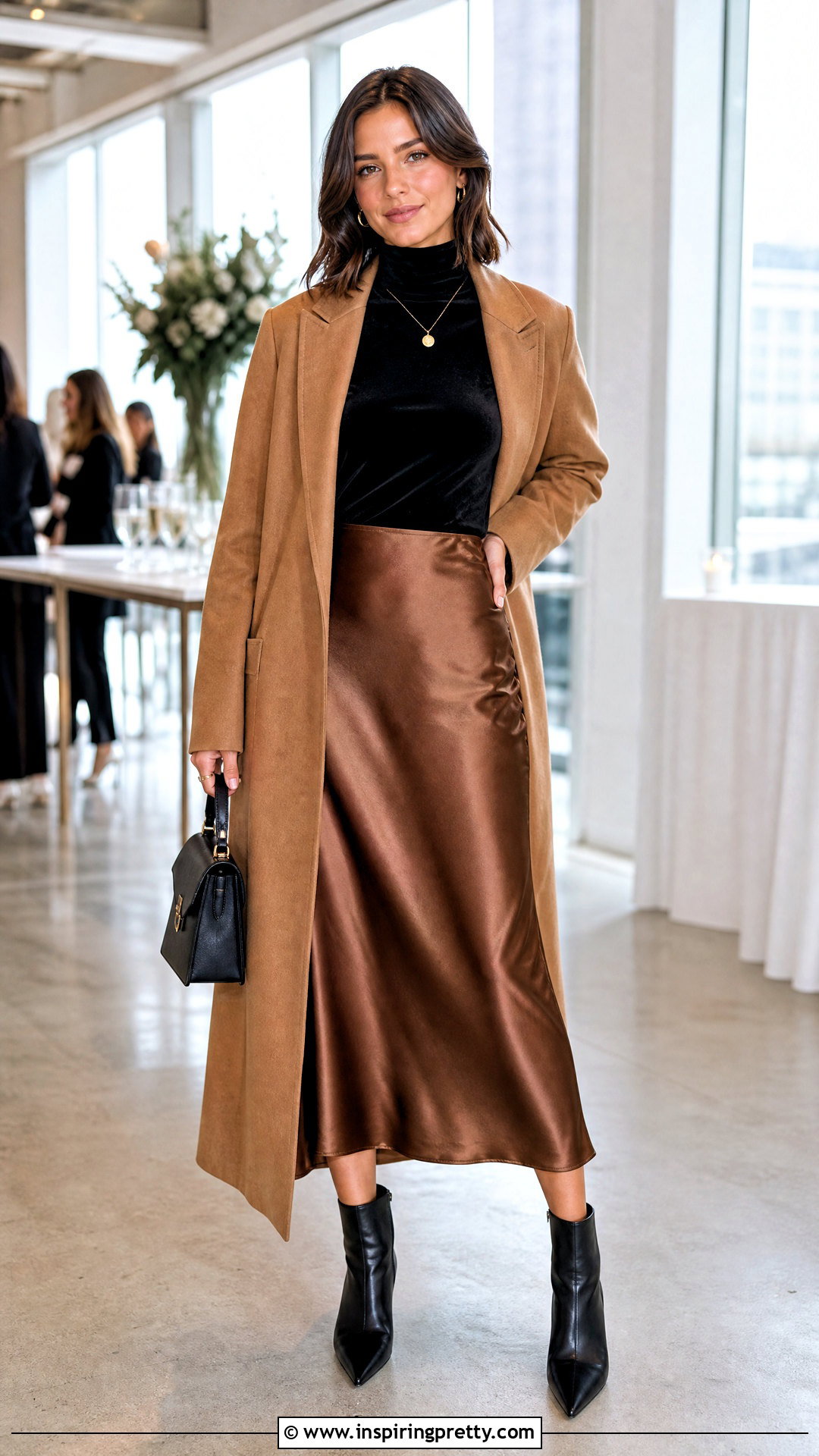 Velvet Turtleneck Top With Satin Midi Skirt - 20 velvet top autumn fashion ideas