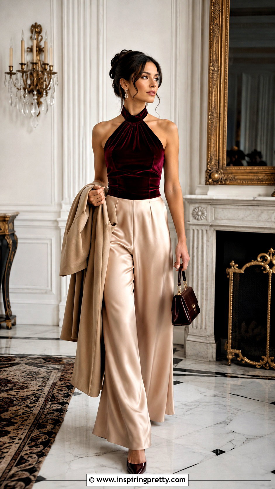 Velvet Vintage Halter Top With Satin Trousers - 50 vintage halter top outfit ideas