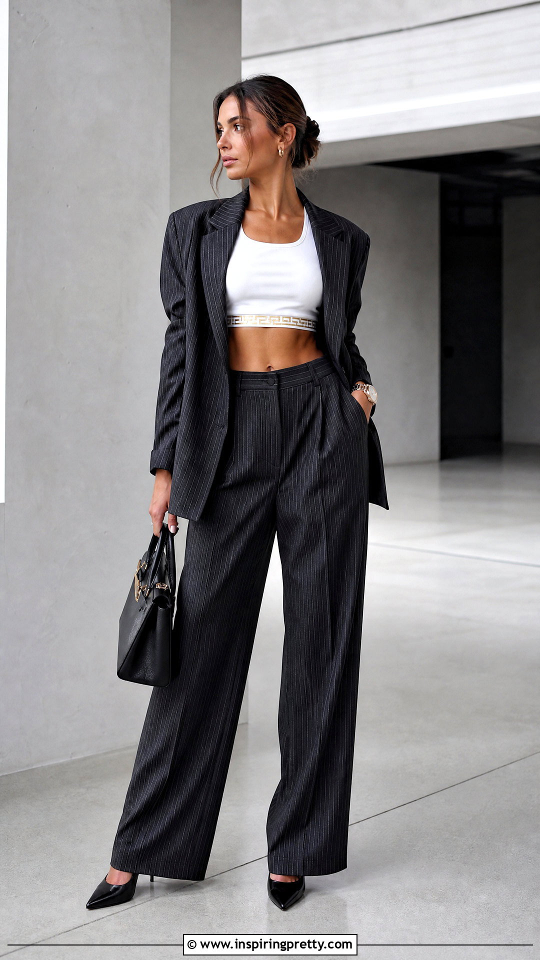Versace White Crop Top With Pinstripe Suit - 20 versace white crop top outfit ideas