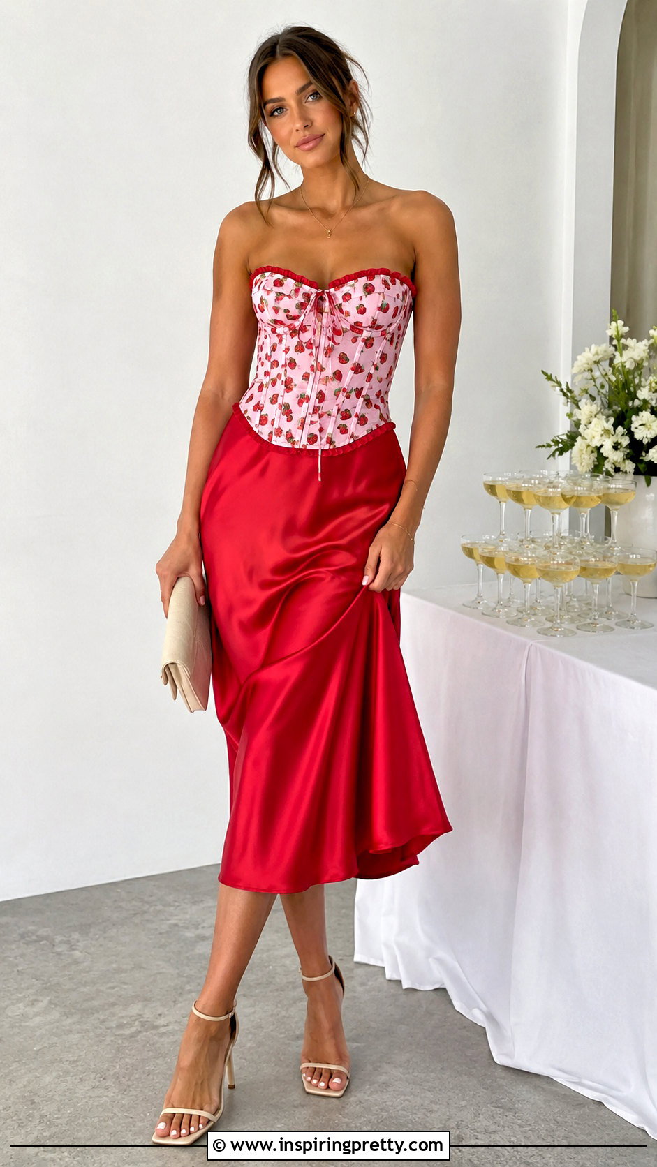 Victoria Secret Strawberry Corset Top With Red Satin Midi Skirt - 25 victoria secret strawberry corset top outfit ideas