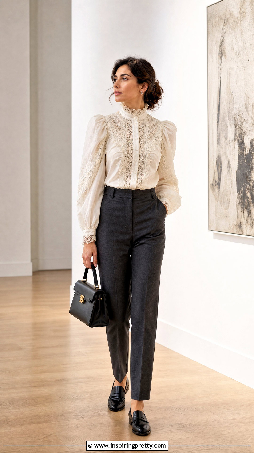 Victorian Lace Blouse With Tailored Trousers - 50 lacy tops outfit ideas
