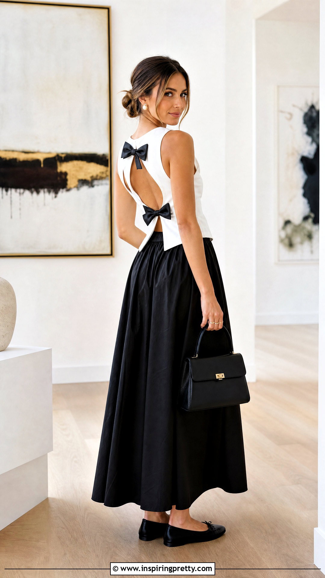 Vida White Bow Top With Black Maxi Skirt - 20 vida white bow top outfit ideas