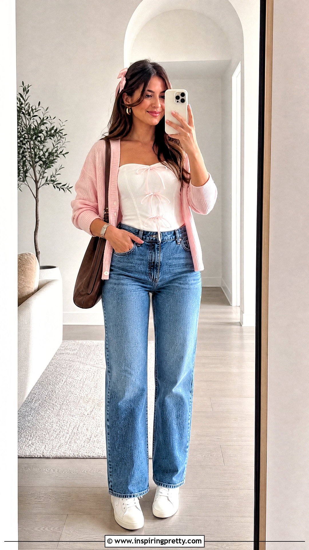 Vida White Bow Top With Straight Leg Jeans And Cardigan - 20 vida white bow top outfit ideas