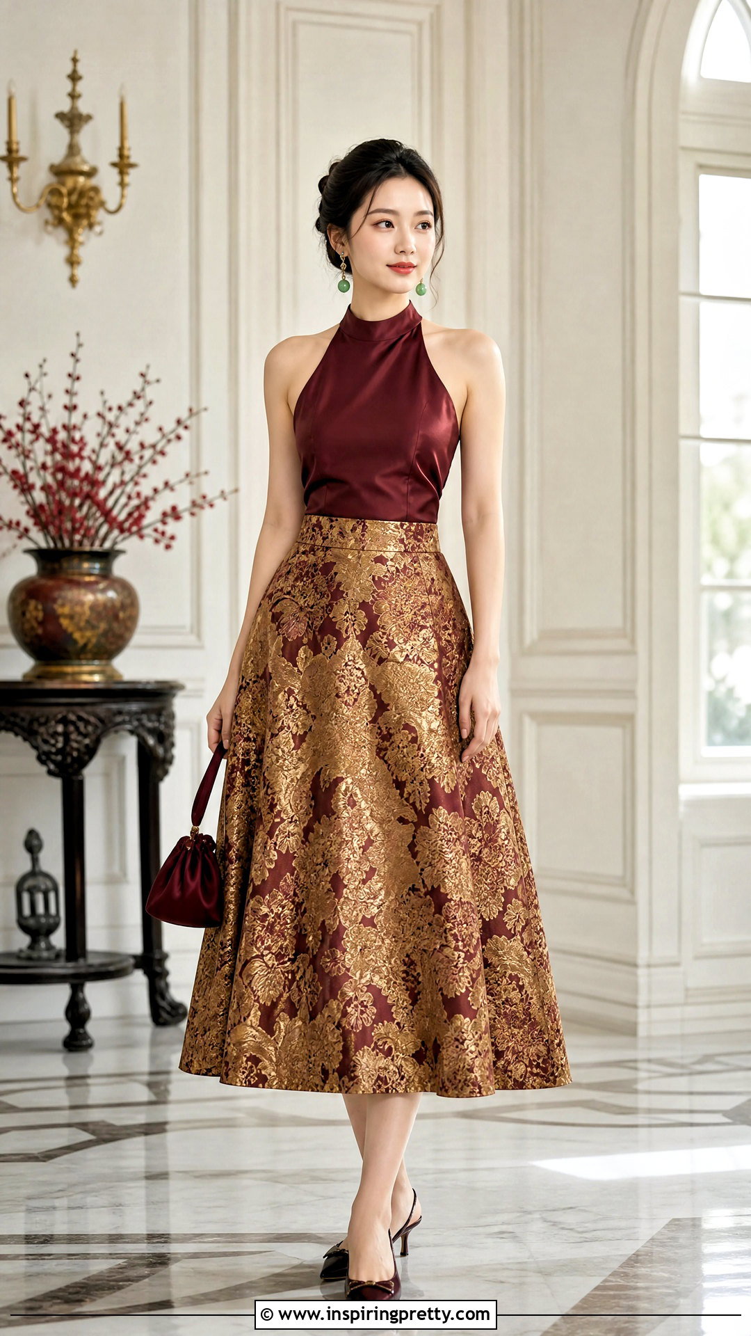 Vietnamese Halter Top With Brocade Midi Skirt - 25 vietnamese halter top outfit ideas