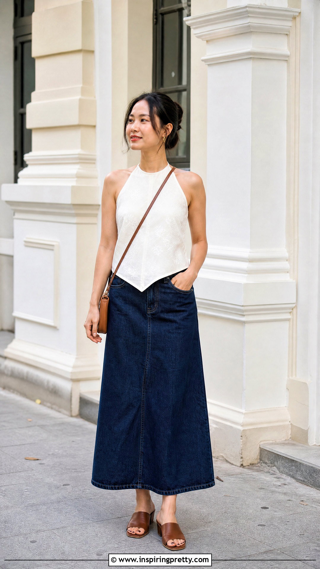 Vietnamese Halter Top With Denim Maxi Skirt - 25 vietnamese halter top outfit ideas