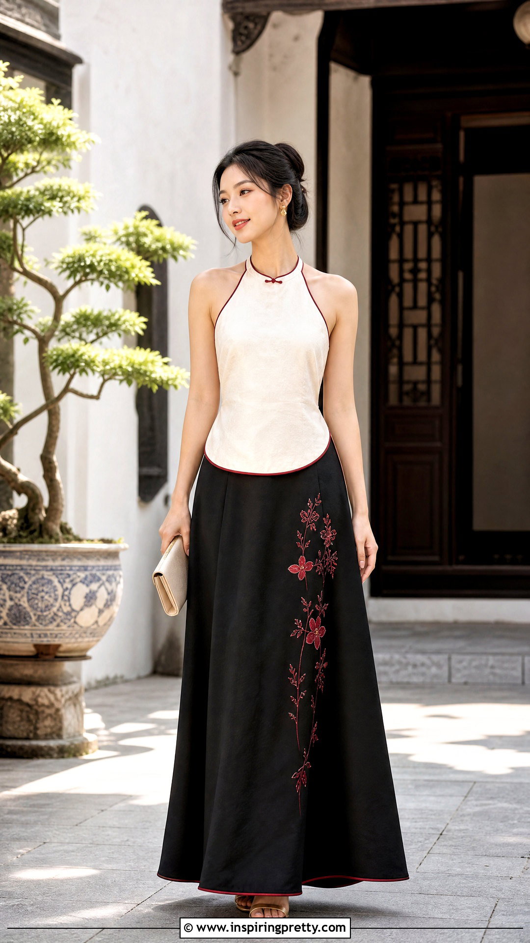 Vietnamese Halter Top With Embroidered Maxi Skirt - 25 vietnamese halter top outfit ideas