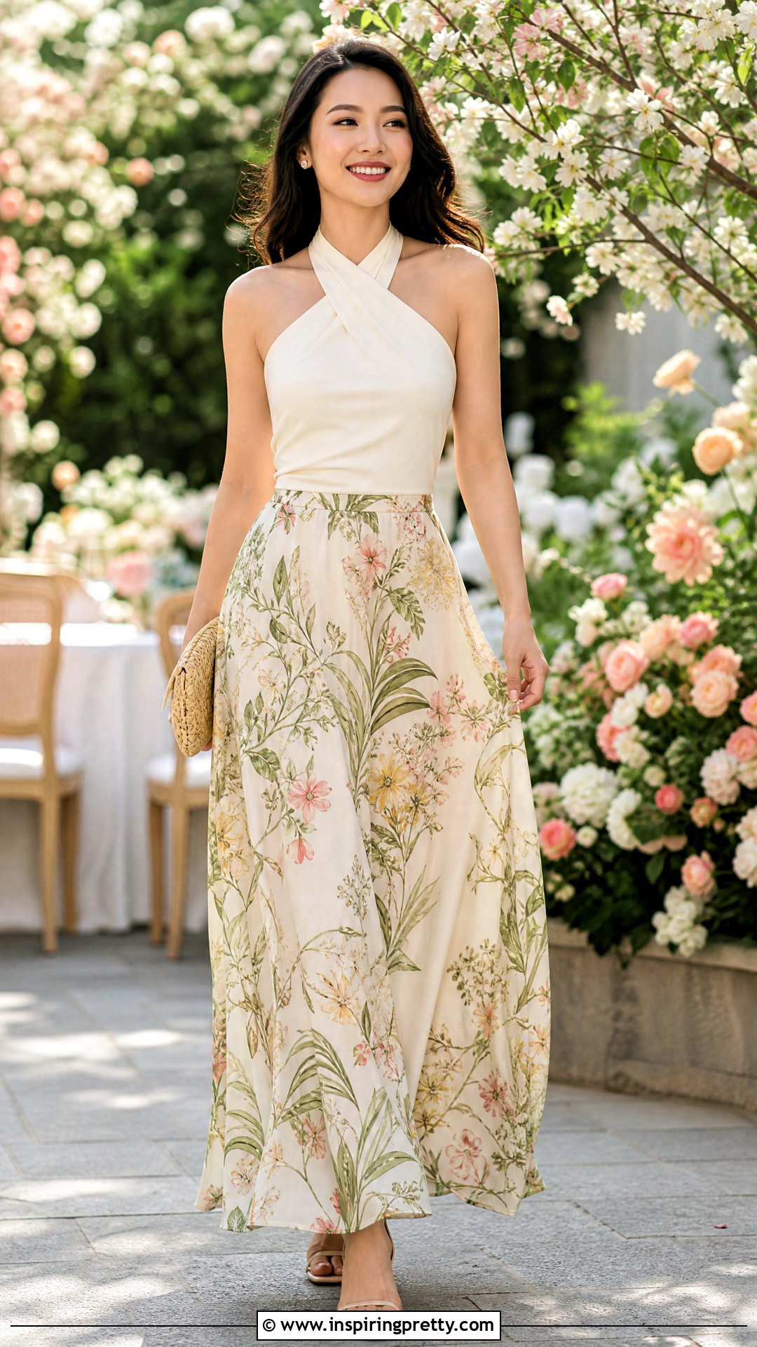 Vietnamese Halter Top With Floral Maxi Skirt - 25 vietnamese halter top outfit ideas