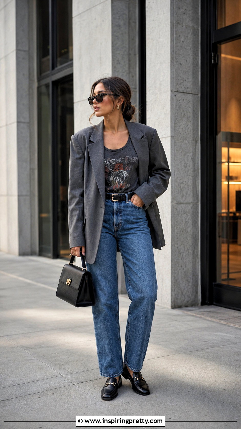 Vintage Band Tank Top With Oversized Blazer And Jeans - 20 vintage band tank tops outfit ideas
