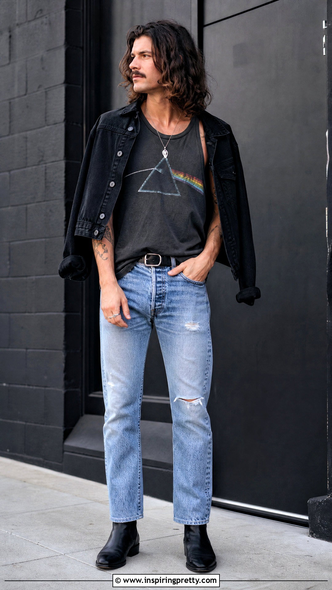 Vintage Band Tank Top With Ripped Blue Jeans - 25 vintage tank top outfit men