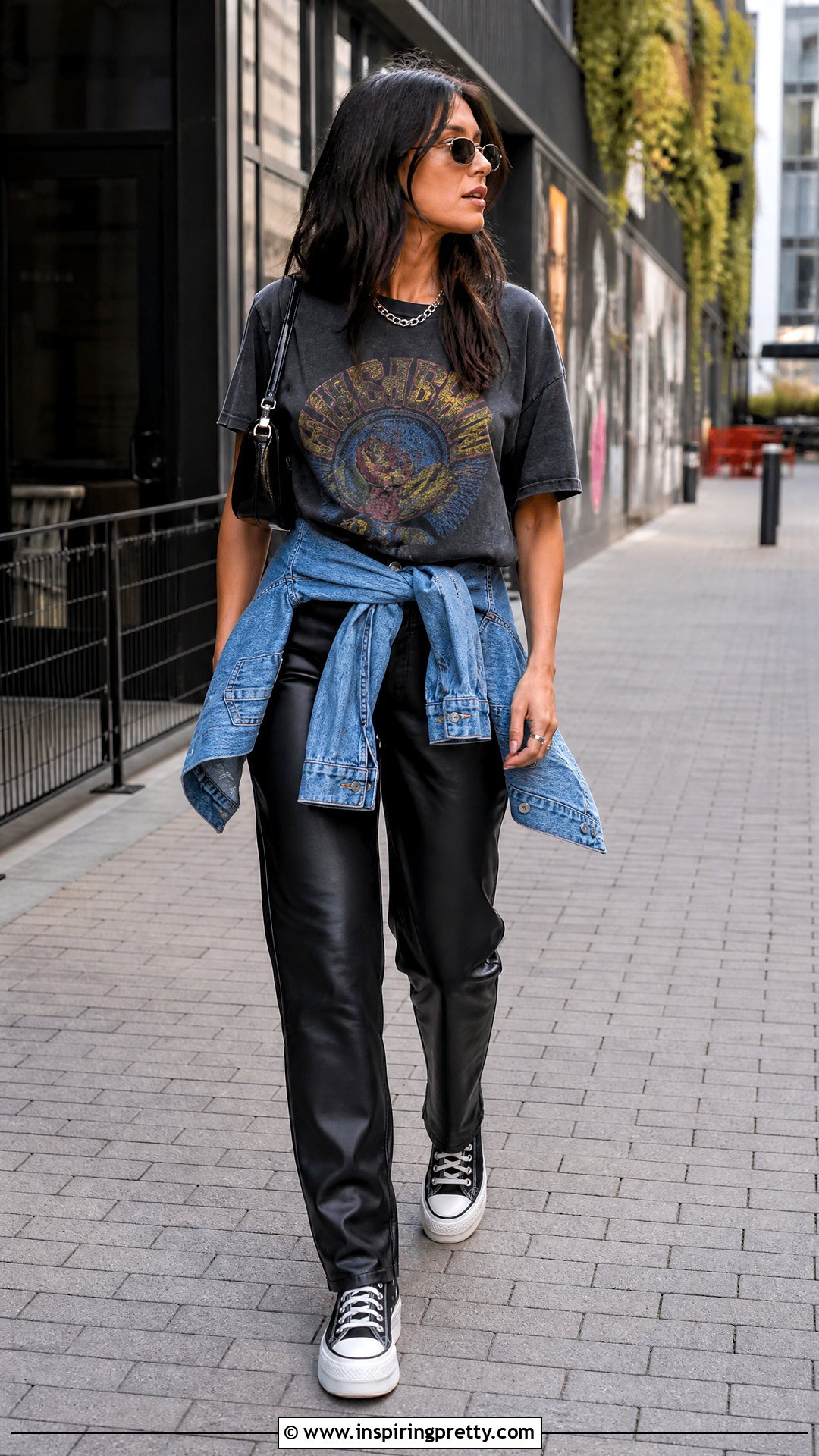 Vintage Band Tee And Faux Leather Pants Streetwear Outfit - 50 streetwear tops outfit ideas