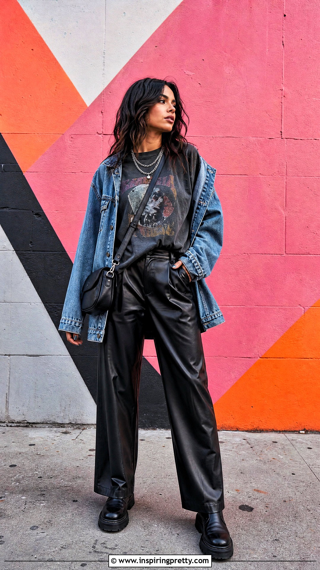 Vintage Band Tee With Leather Pants - 50 aesthetic tops for women