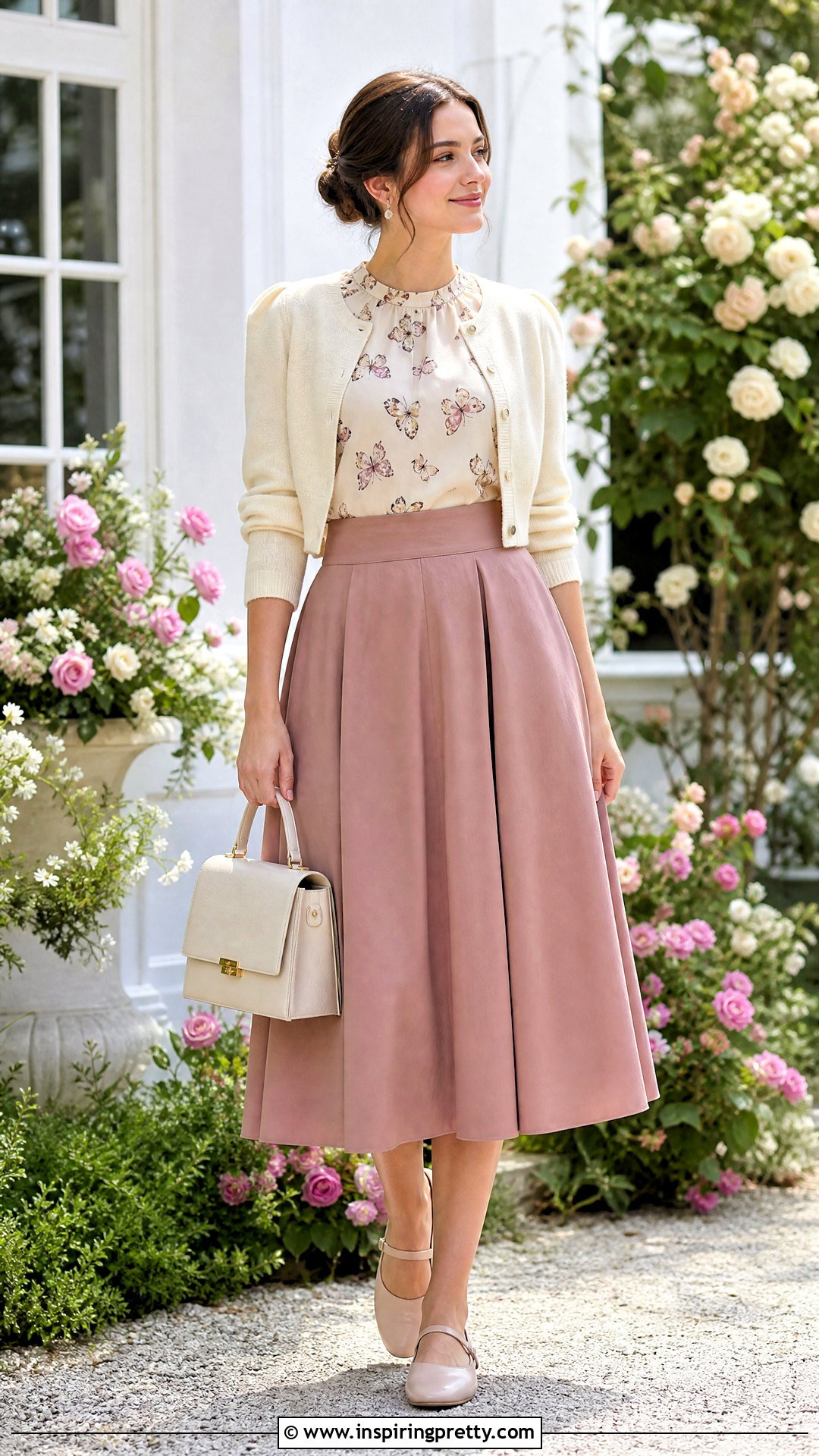 Vintage Butterfly Print Top With A Line Midi Skirt - 20 vintage butterfly print top outfit ideas