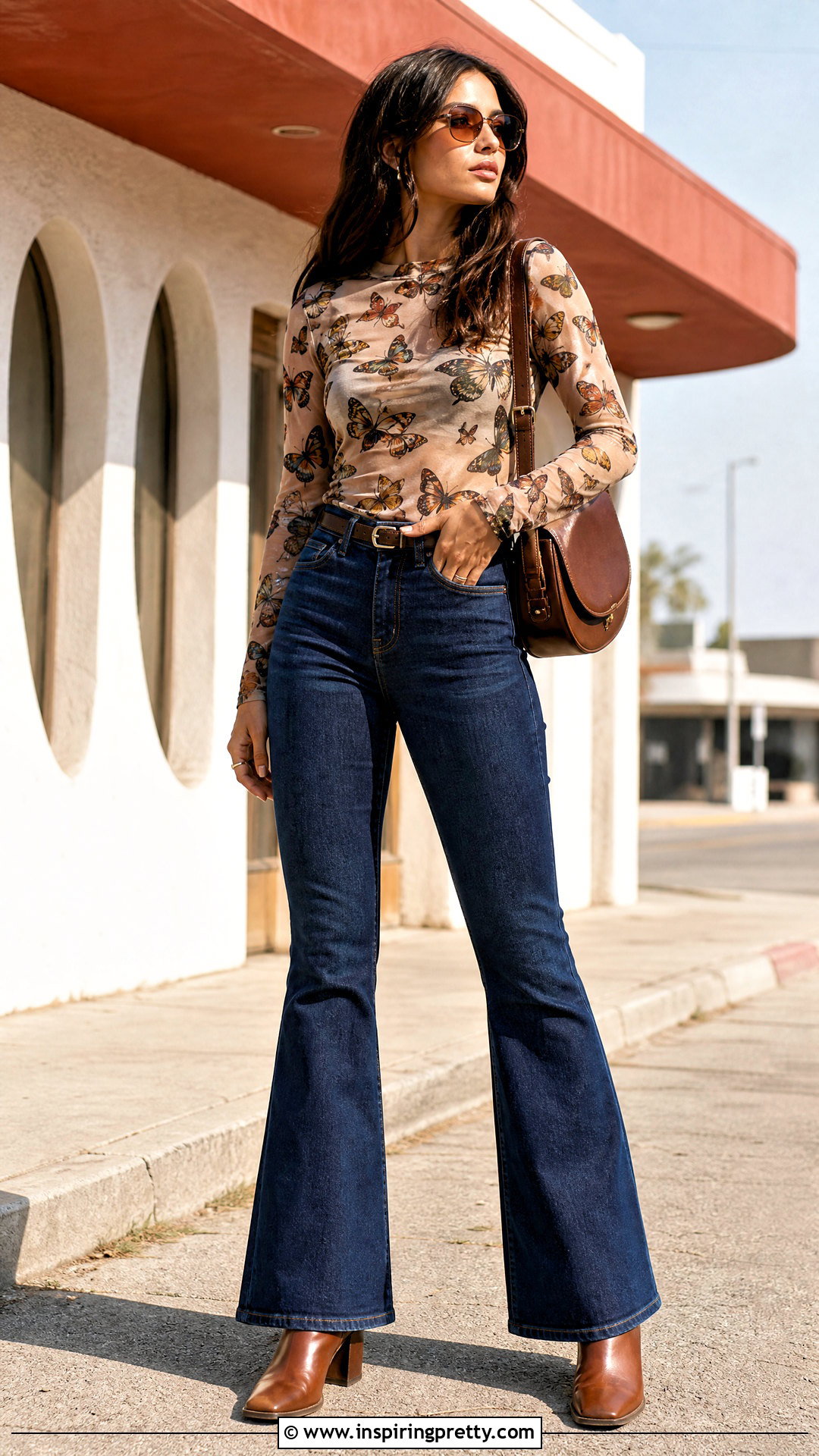 Vintage Butterfly Print Top With Flare Jeans - 20 vintage butterfly print top outfit ideas