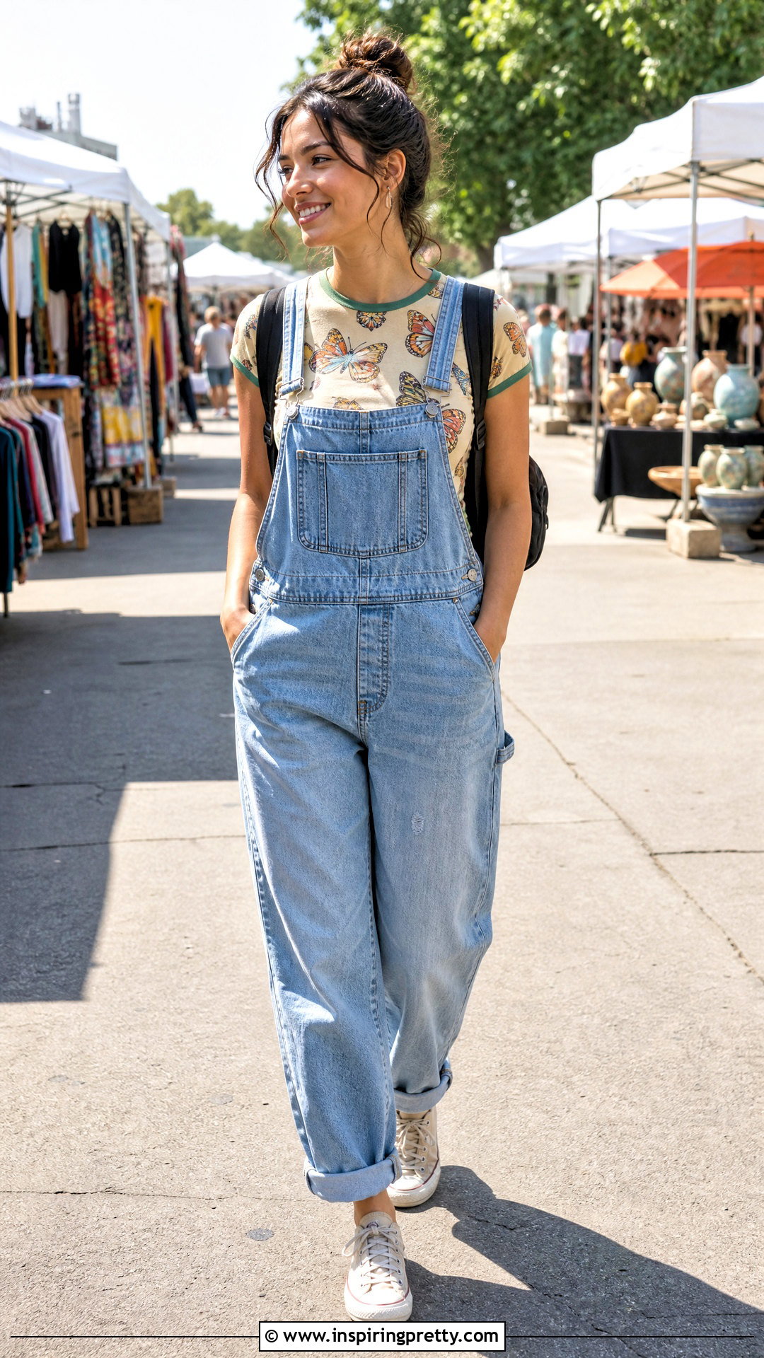 Vintage Butterfly Print Top With Overalls - 20 vintage butterfly print top outfit ideas